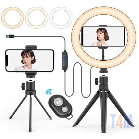 RING LIGHT LS-260-3 10.0" TWO TRIPOD STAND, PHONE HOLDER AND REMOTE FOR TAKE SHOT 3 COLOR LIGHT ADJUSTMENT BLACK